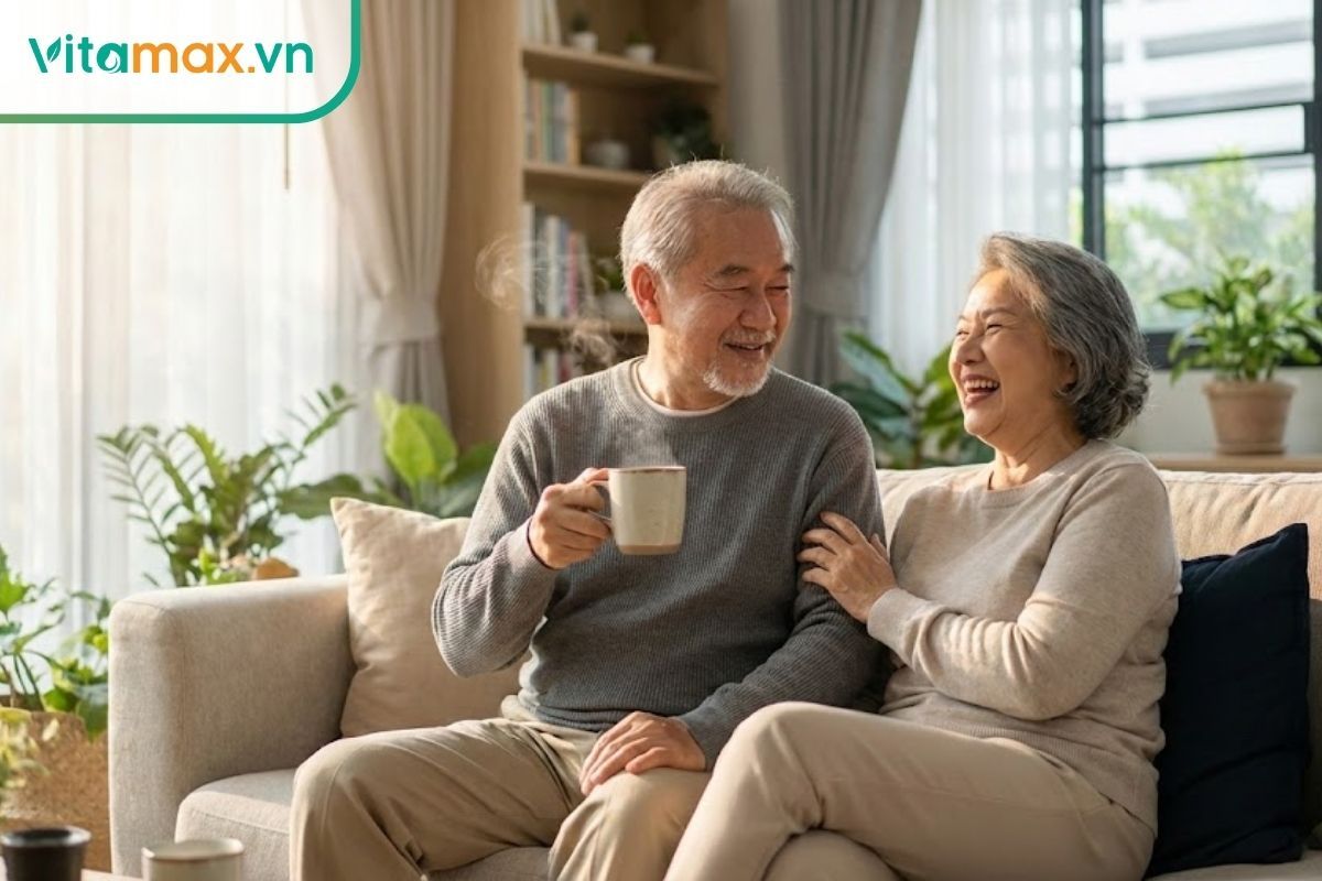 Người cao tuổi khỏe mạnh, tinh thần minh mẫn đang thưởng thức trà thảo dược, minh họa tác dụng tăng cường miễn dịch của bạch sâm.