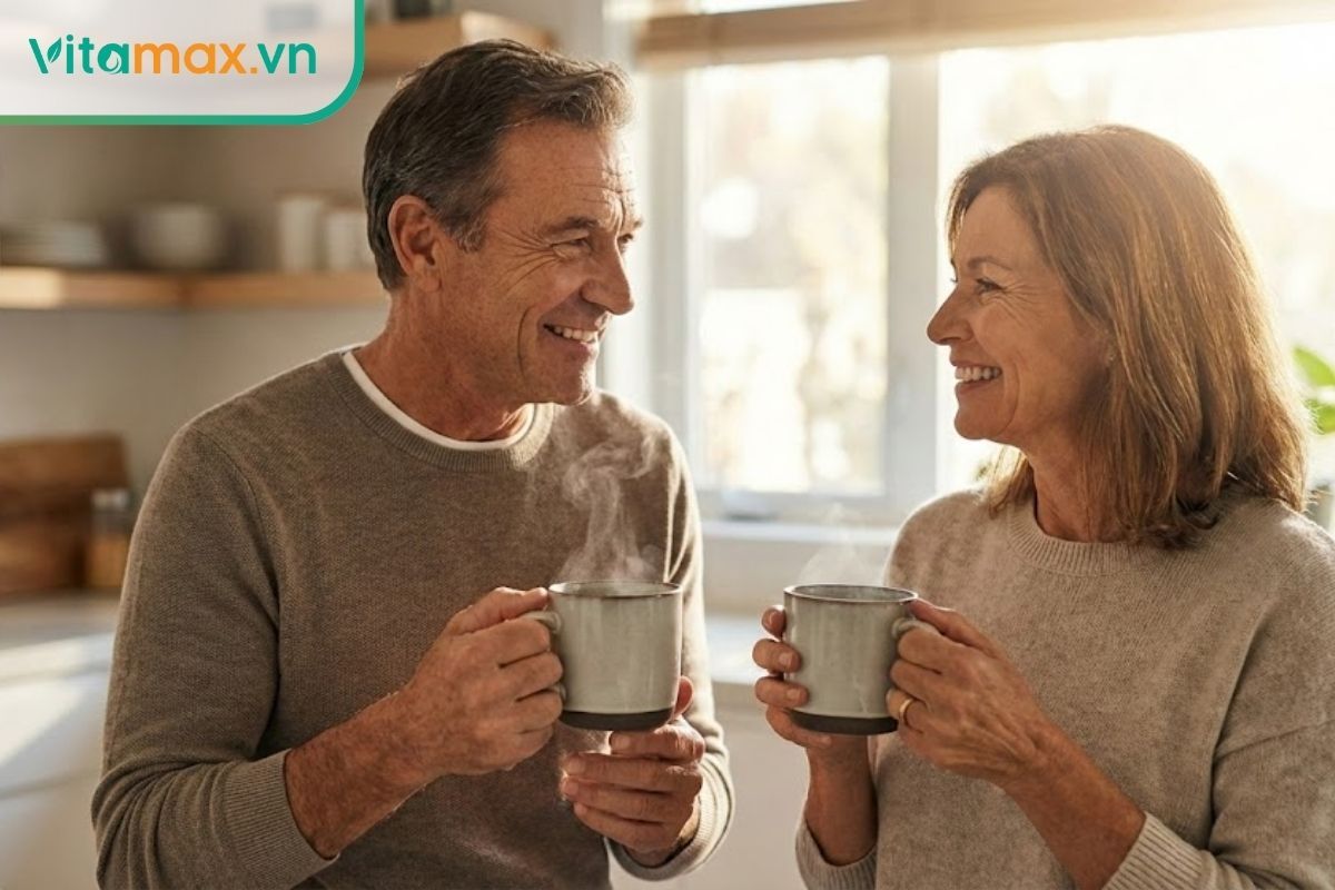 Người trung niên khỏe mạnh đang thưởng thức ly trà quế mật ong ấm áp, minh họa hỗ trợ tim mạch và xương khớp.