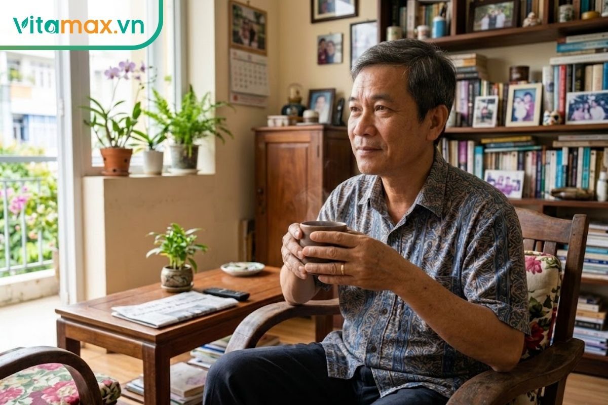 Người lớn tuổi uống nước ấm pha củ đinh lăng ngâm mật ong giúp giảm mệt mỏi.