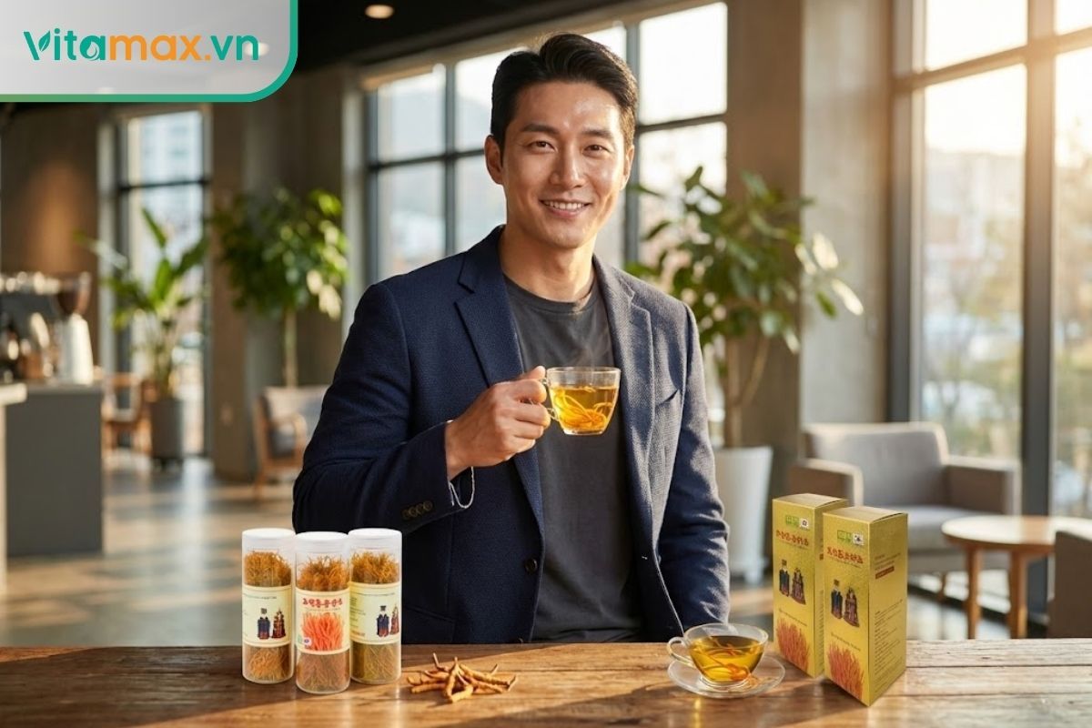 Nam giới khỏe mạnh, phong độ đang cầm hũ đông trùng hạ thảo cao cấp, minh họa cho tác dụng tăng cường sinh lực phái mạnh.