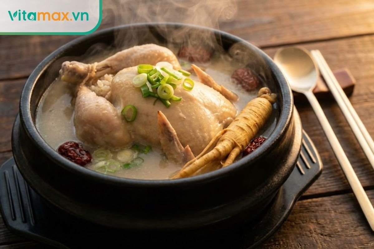 Bát canh gà hầm sâm Hàn Quốc Samgyetang nóng hổi trong thố đá đen