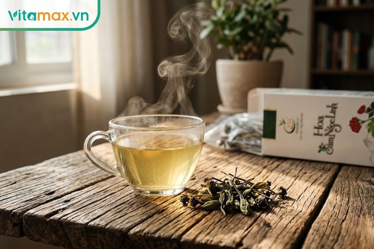 Một tách trà hoa sâm Ngọc Linh ấm nóng đang tỏa khói nhẹ, đặt cạnh những nụ hoa sâm sấy khô nguyên bản trên bàn gỗ.