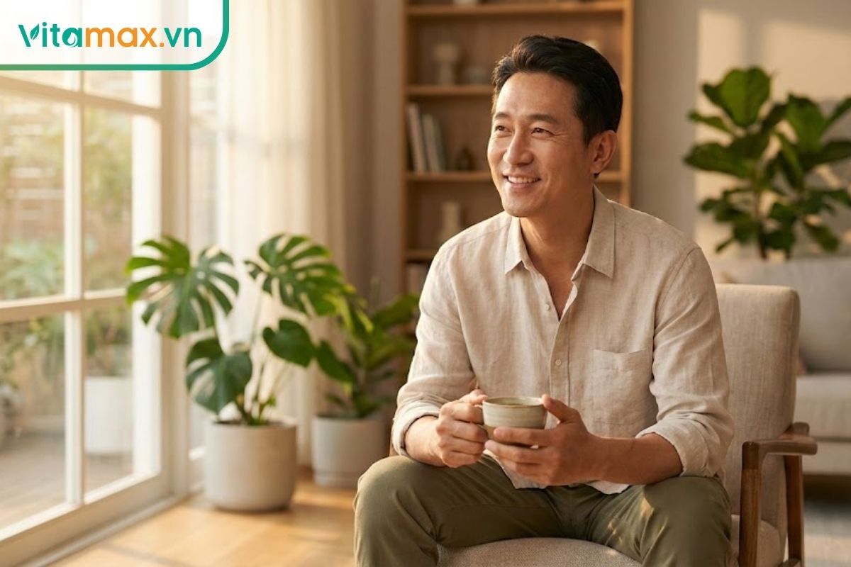 Một người đàn ông trung niên khỏe mạnh đang thưởng thức trà sâm trong không gian thư giãn, biểu thị sự kiểm soát tốt bệnh gout.