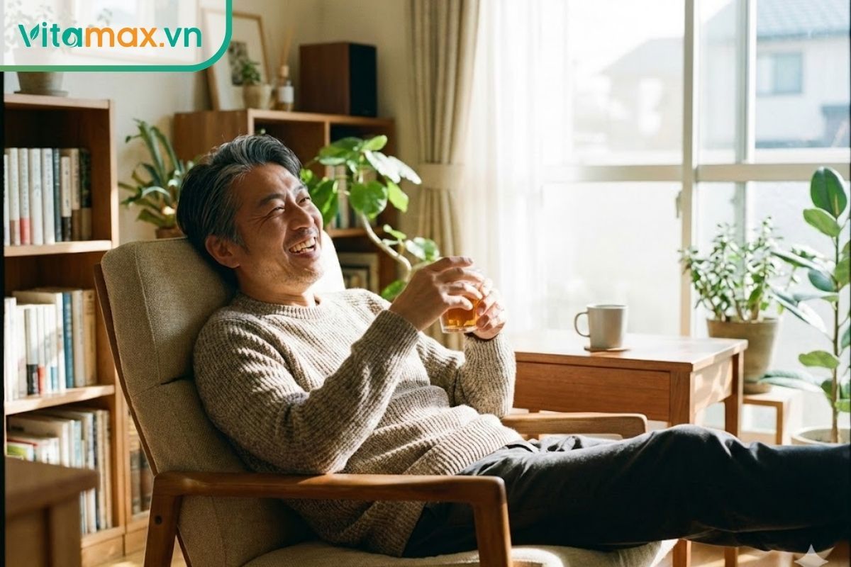 người đàn ông trung niên khỏe mạnh thưởng thức rượu sâm bồi bổ cơ thể