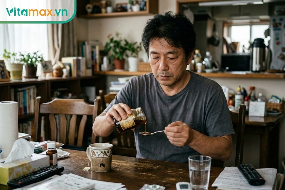 Một người đàn ông đang rót rượu tỏi mật ong ra thìa nhỏ để sử dụng nhằm giảm ho và làm dịu cổ họng.