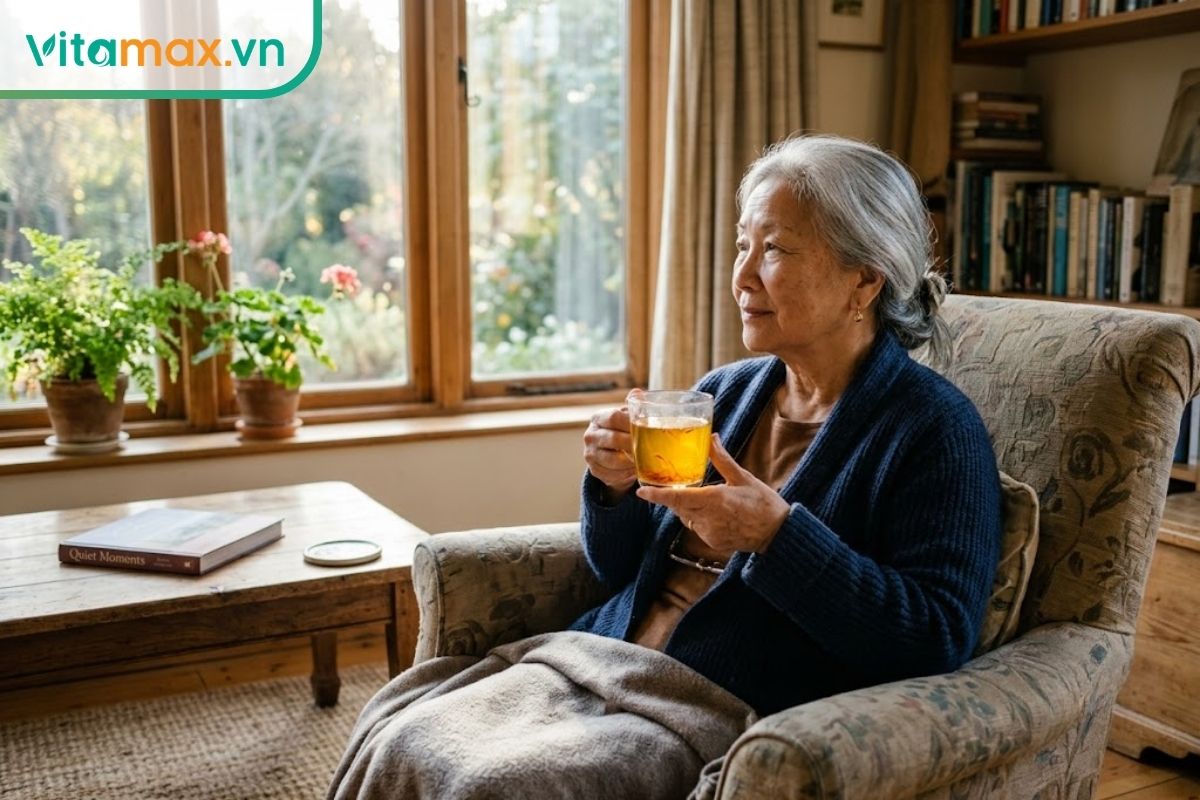 Một phụ nữ cao tuổi tóc hoa râm đang ngồi đọc sách bên cửa sổ đầy nắng, tay cầm ly thủy tinh chứa nước saffron màu vàng óng, khuôn mặt thư thái.