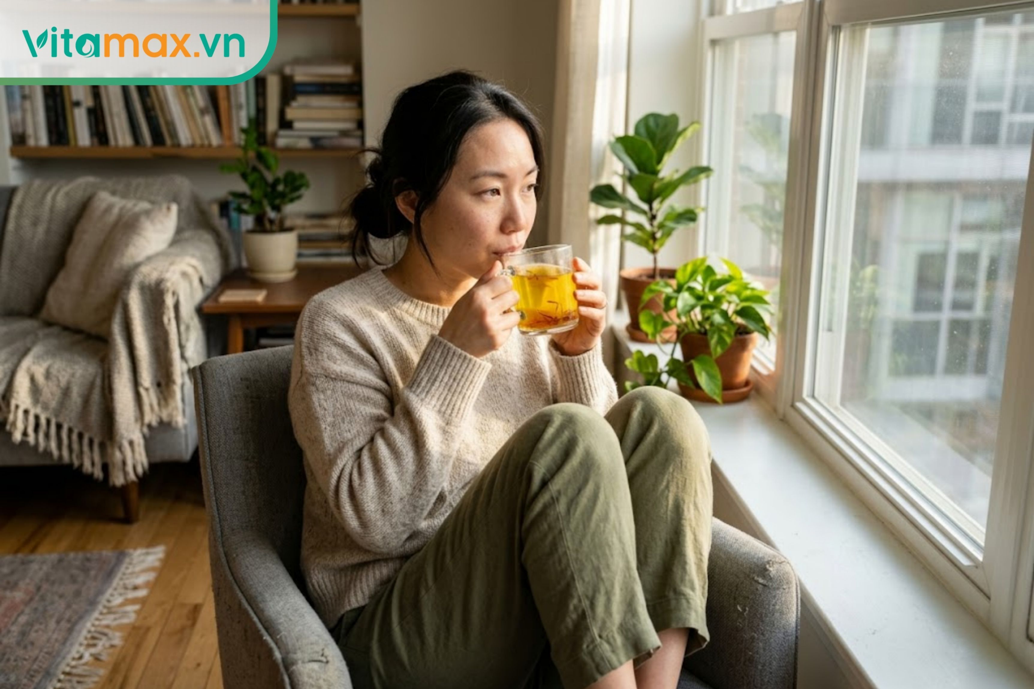 Phụ nữ thư giãn uống trà saffron giúp hỗ trợ làm đẹp da, ngủ ngon và cân bằng nội tiết tố tự nhiên.