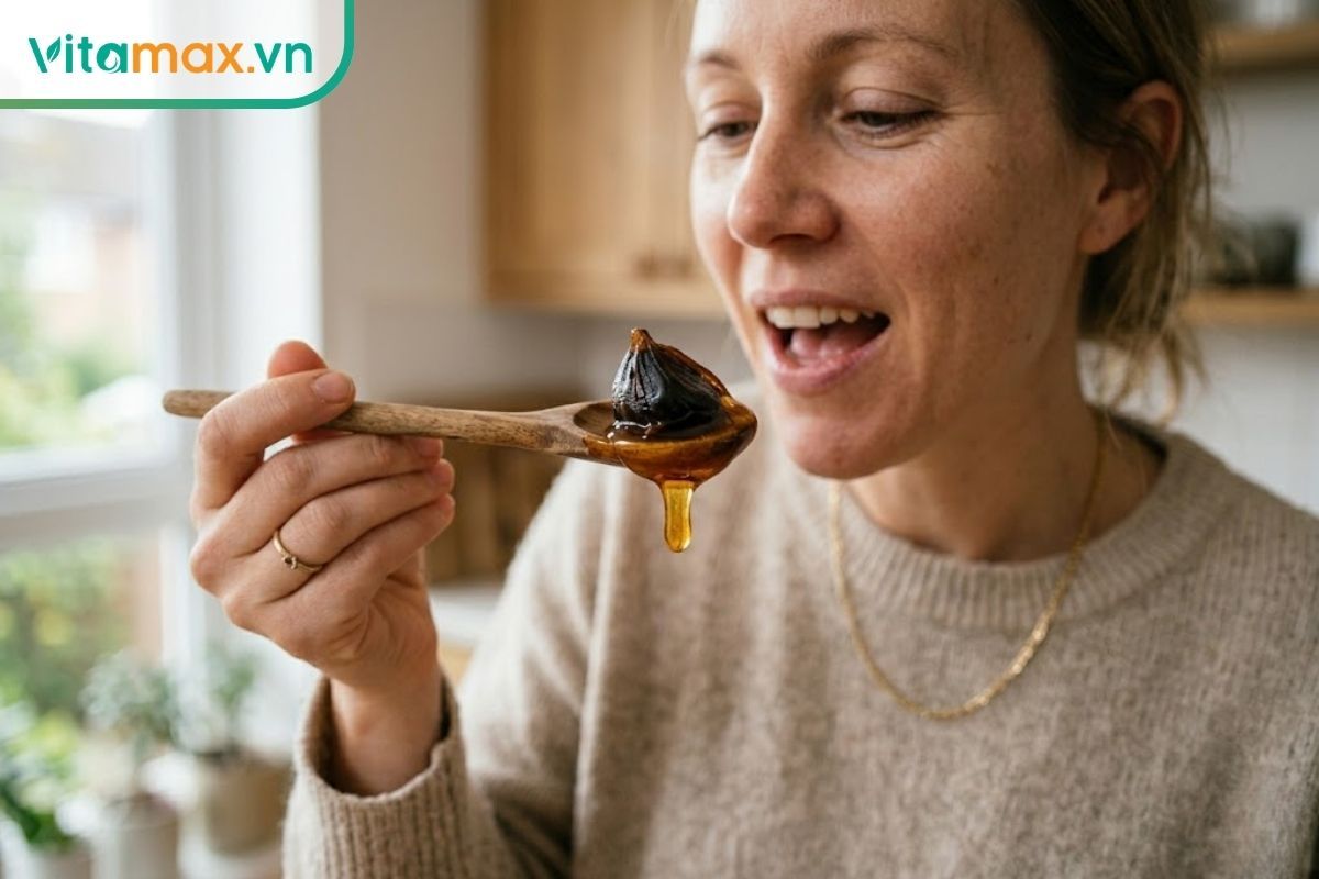 Người dùng đang sử dụng một thìa nhỏ tỏi đen ngâm mật ong để làm dịu cổ họng tại nhà.