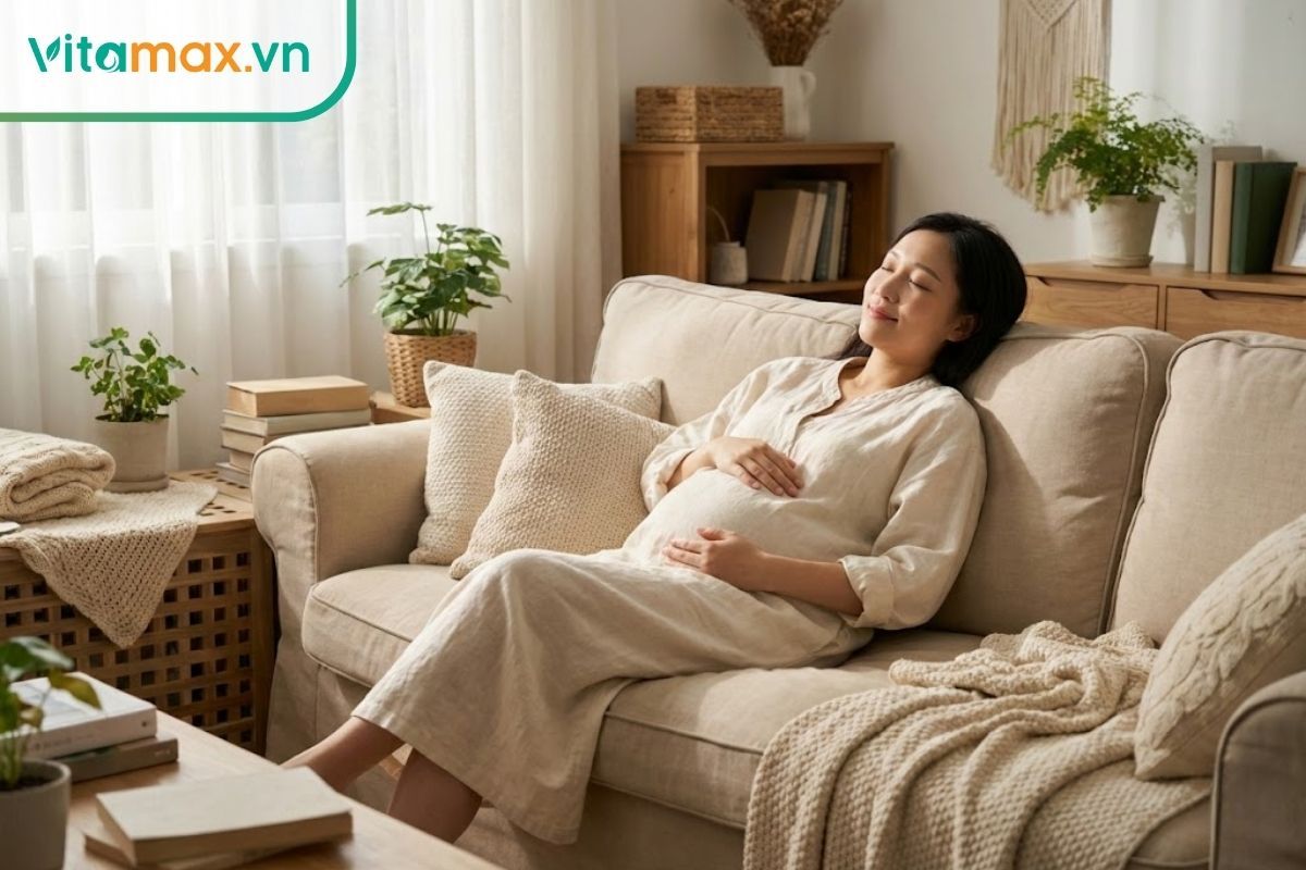 Mẹ bầu đang nằm nghỉ ngơi thư giãn trên ghế sofa, biểu hiện giấc ngủ ngon và giảm căng thẳng.