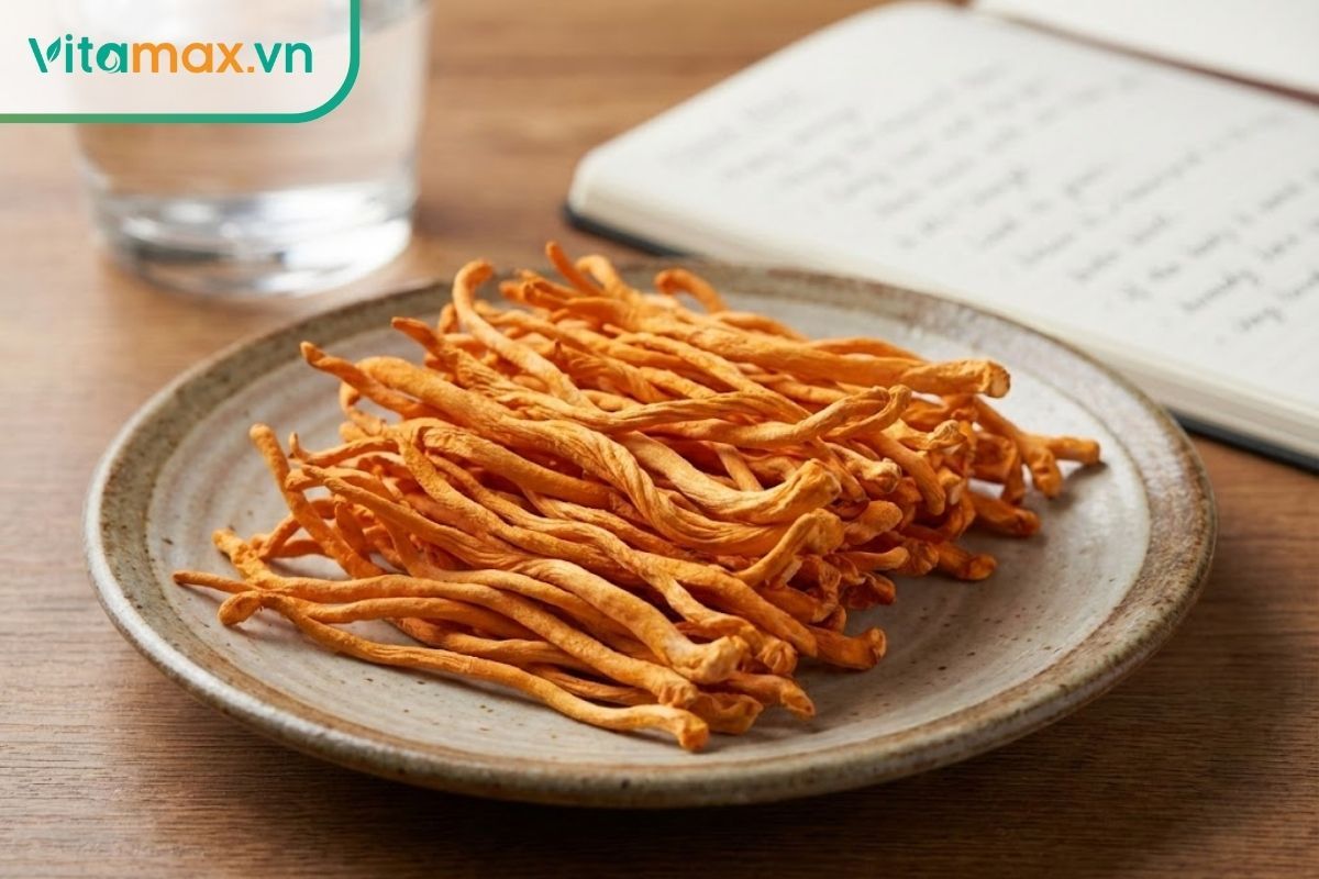 Cận cảnh sợi đông trùng hạ thảo khô màu vàng cam chất lượng cao, hỗ trợ bồi bổ sức khỏe và giảm mệt mỏi.