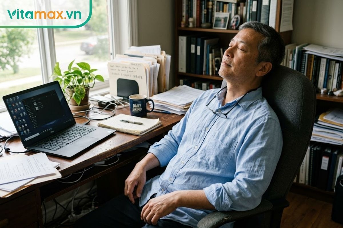 Hình ảnh một người đàn ông trung niên đang nhắm mắt thư giãn, minh họa cho tác dụng giảm căng thẳng và mệt mỏi của sâm Ngọc Linh.