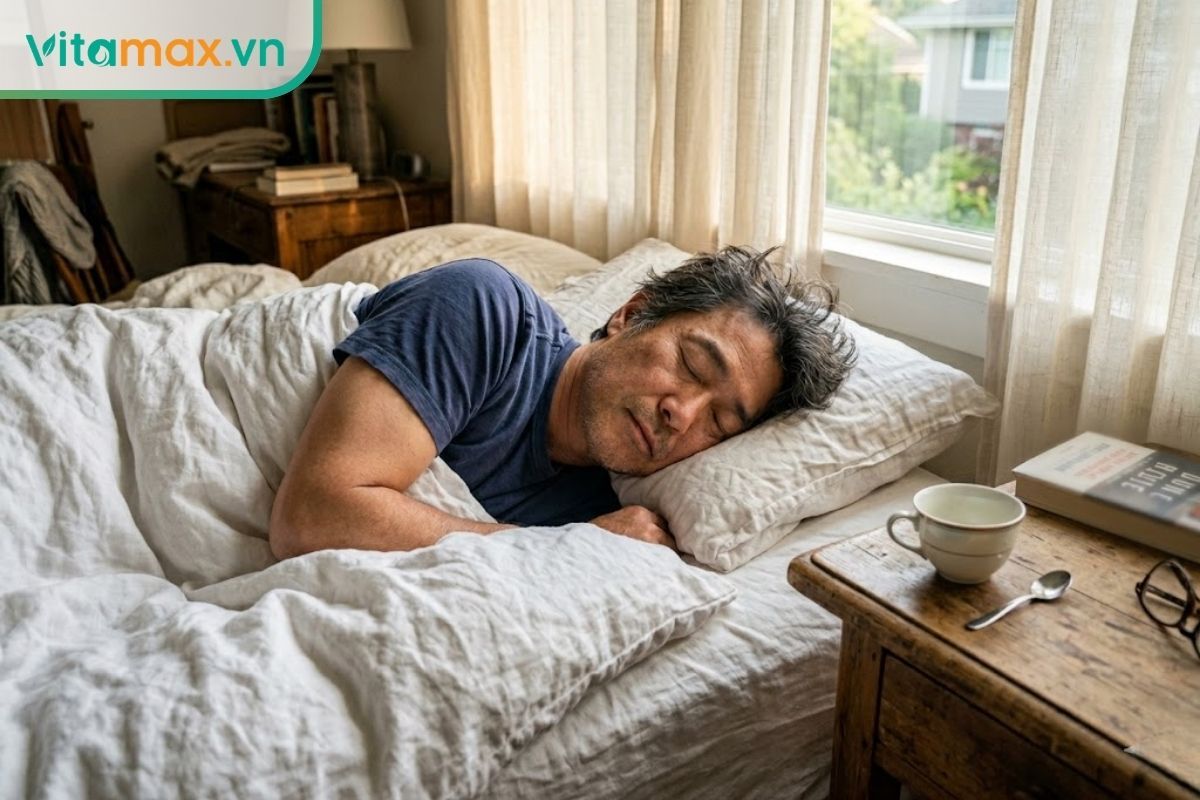 Hình ảnh một người đàn ông lớn tuổi đang ngủ rất ngon giấc trên giường, thể hiện hiệu quả hỗ trợ an thần của hoa sâm Ngọc Linh.