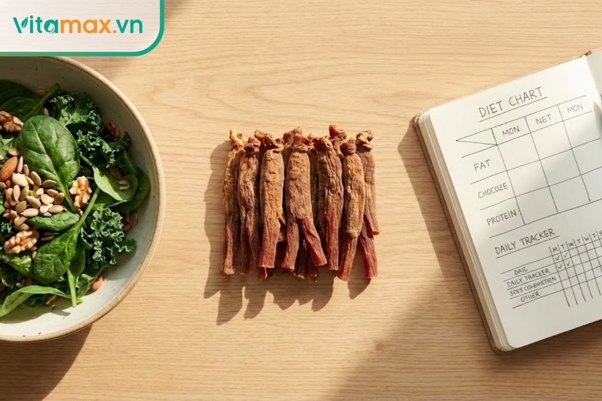 Các lát hồng sâm khô đặt cạnh thực phẩm lành mạnh minh họa cơ chế giảm béo.