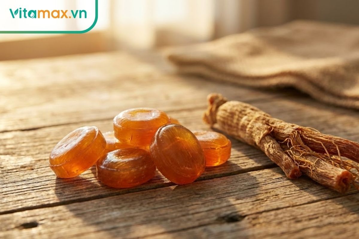 Kẹo hồng sâm Hàn Quốc cao cấp đặt cạnh củ hồng sâm khô nguyên chất trên nền gỗ tự nhiên.