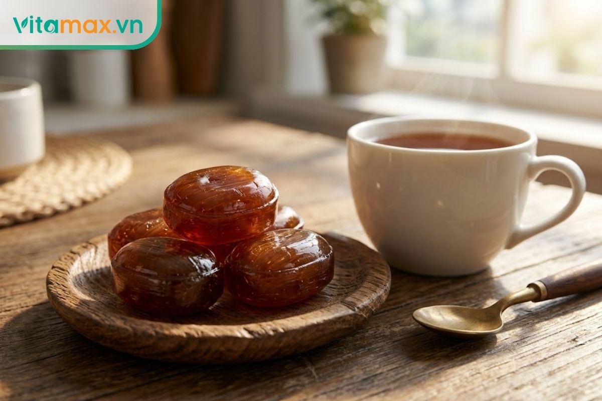 Các viên kẹo hồng sâm Hàn Quốc màu hổ phách đặt trên đĩa gỗ nhỏ bên cạnh một tách trà ấm trong ánh sáng buổi sáng.