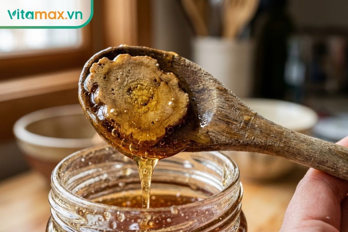 Cận cảnh thìa gỗ múc lát sâm Ngọc Linh đang nhỏ giọt mật ong đặc sánh, cho thấy rõ chất lượng thật của nguyên liệu giúp làm dịu họng.