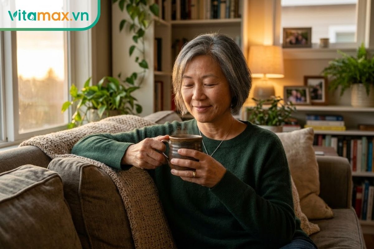Người phụ nữ trung niên với biểu cảm thư giãn đang ngồi trên sofa, hai tay ôm một cốc trà linh chi ấm áp.