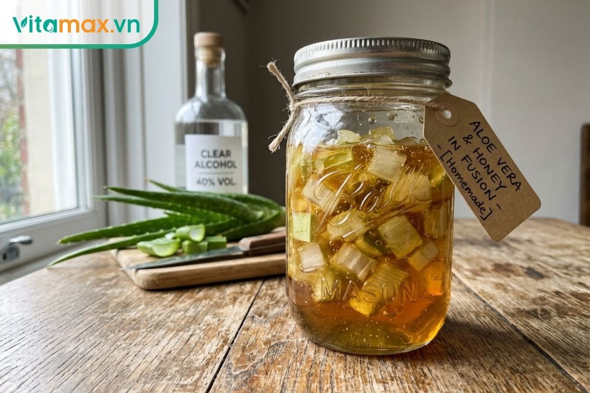 Hũ thủy tinh chứa hỗn hợp nha đam thái hạt lựu ngâm trong mật ong và rượu trắng đặt trên bàn gỗ.