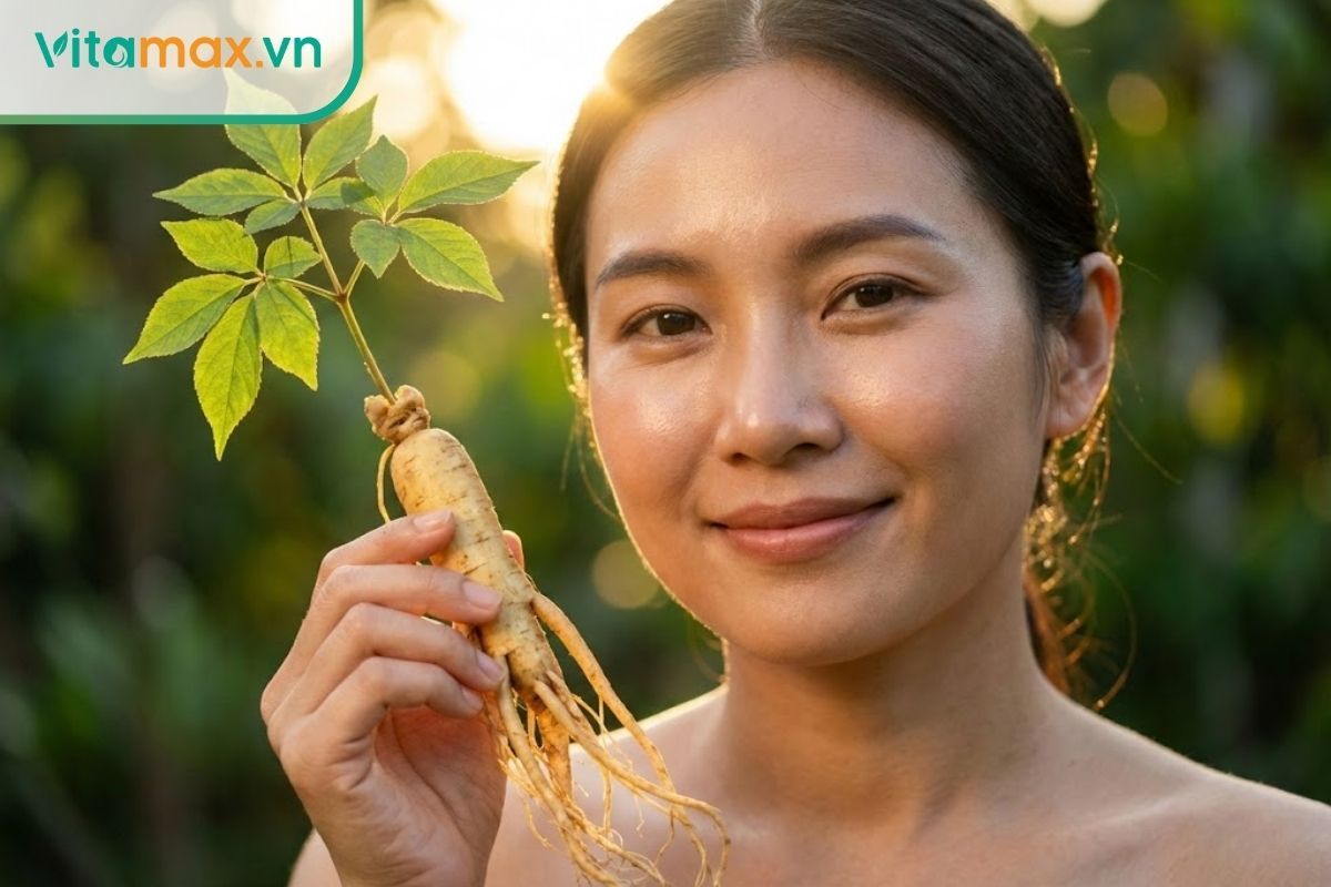 phụ nữ châu á 30 tuổi da đẹp khỏe mạnh cầm củ nhân sâm tươi trên tay