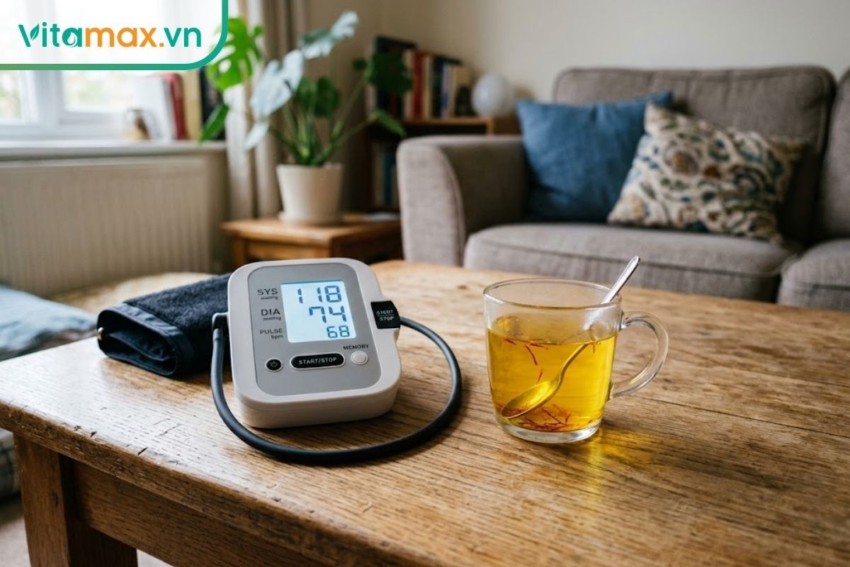 Một chiếc máy đo huyết áp điện tử cá nhân đặt trên bàn phòng khách cạnh một ly trà nhụy hoa nghệ tây nhỏ.
