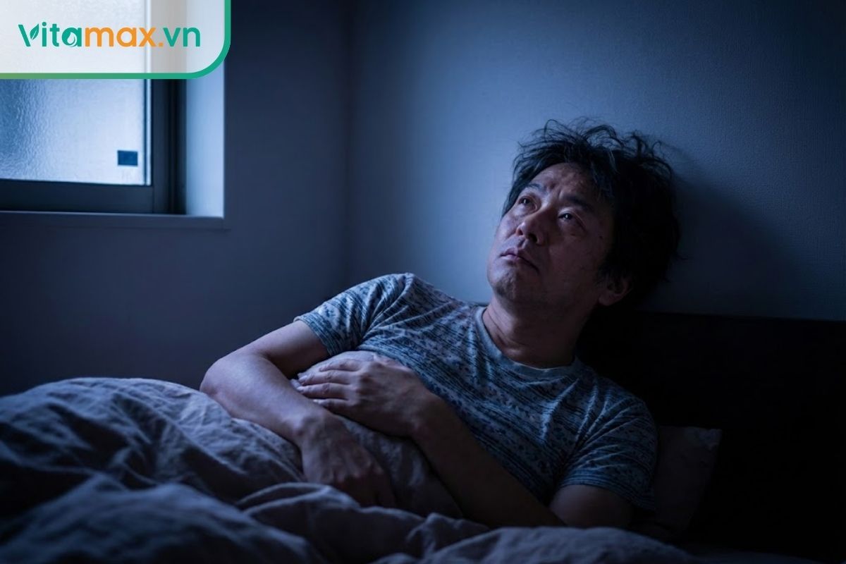 Người đàn ông nằm trằn trọc mắt mở to vì mất ngủ do uống sâm muộn.