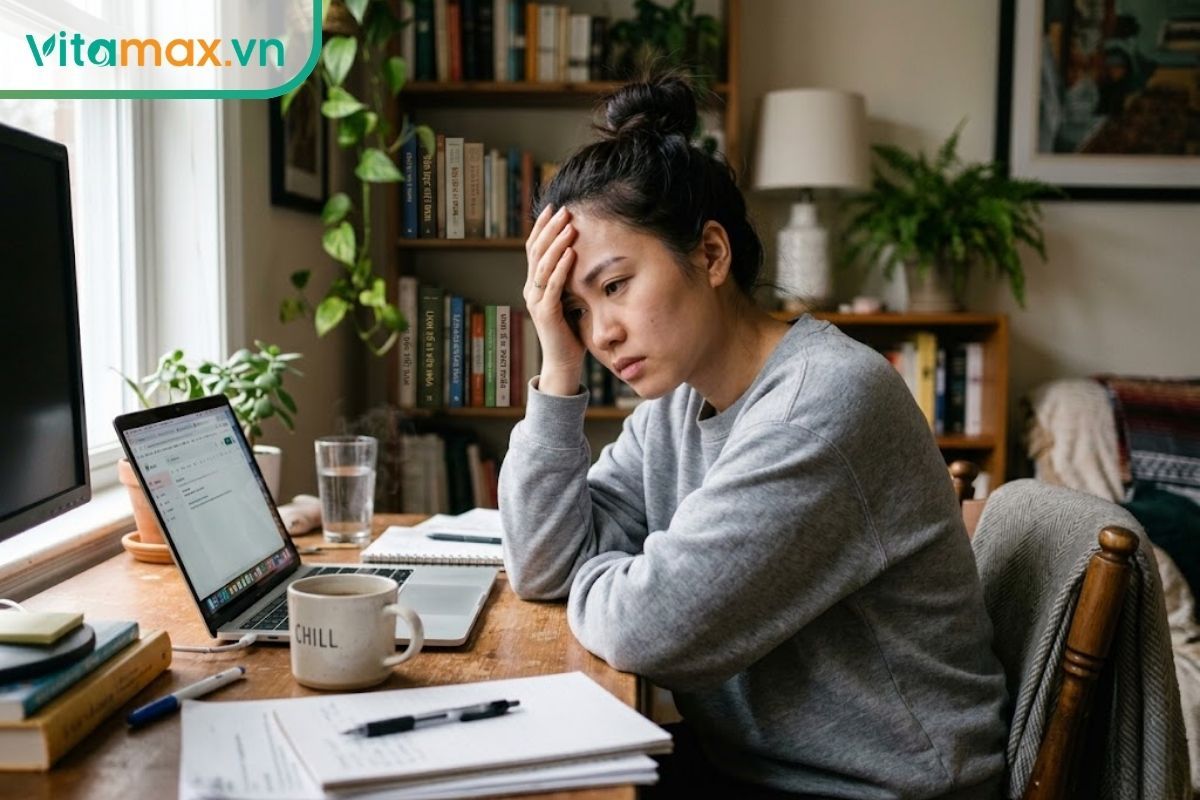 Một người phụ nữ đang ngồi ôm trán với vẻ mặt mệt mỏi, tượng trưng cho tác dụng phụ.