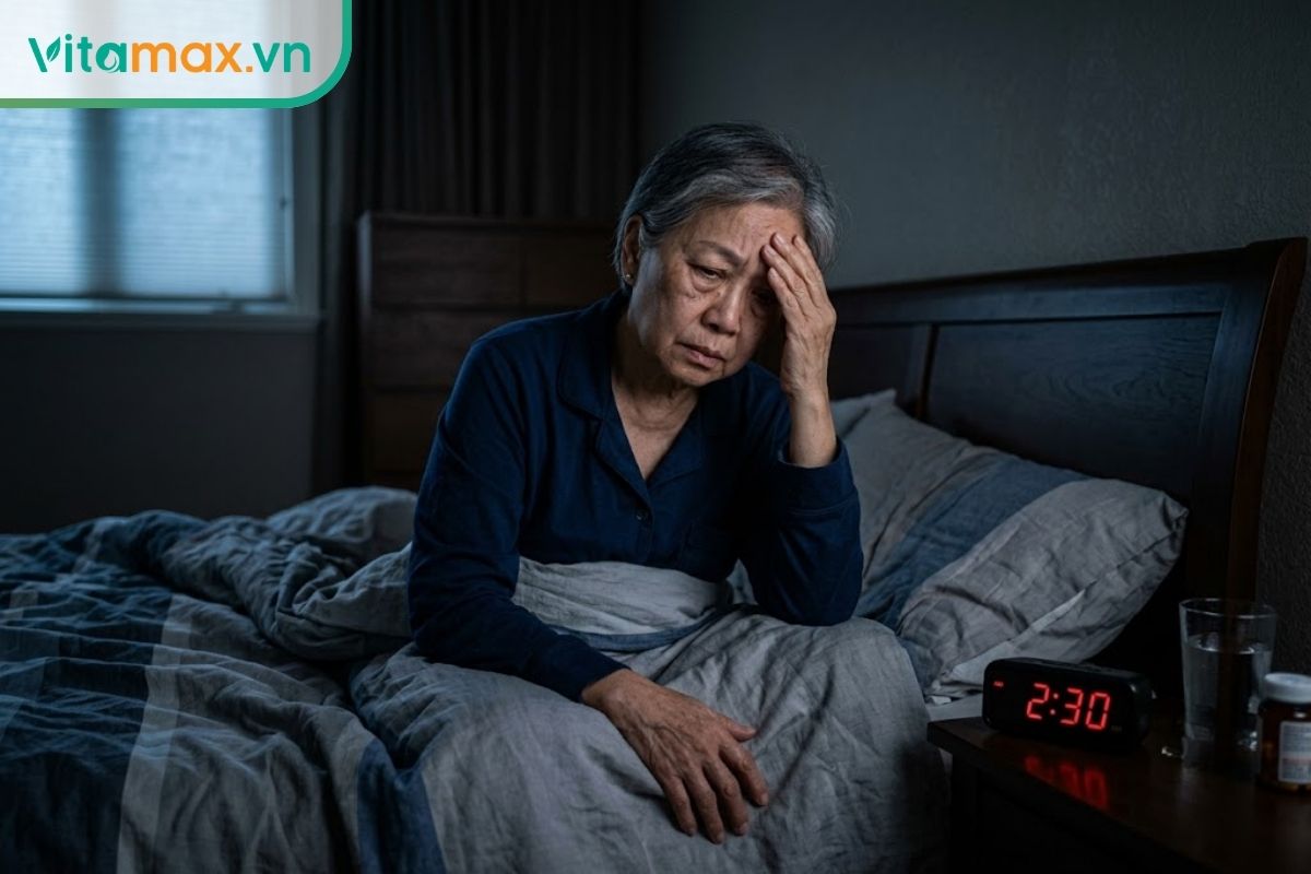 Một người phụ nữ lớn tuổi gốc Á đang trằn trọc trên giường trong phòng tối, vẻ mặt mệt mỏi khó ngủ, bên cạnh là chiếc đồng hồ điện tử hiển thị 2 giờ sáng.