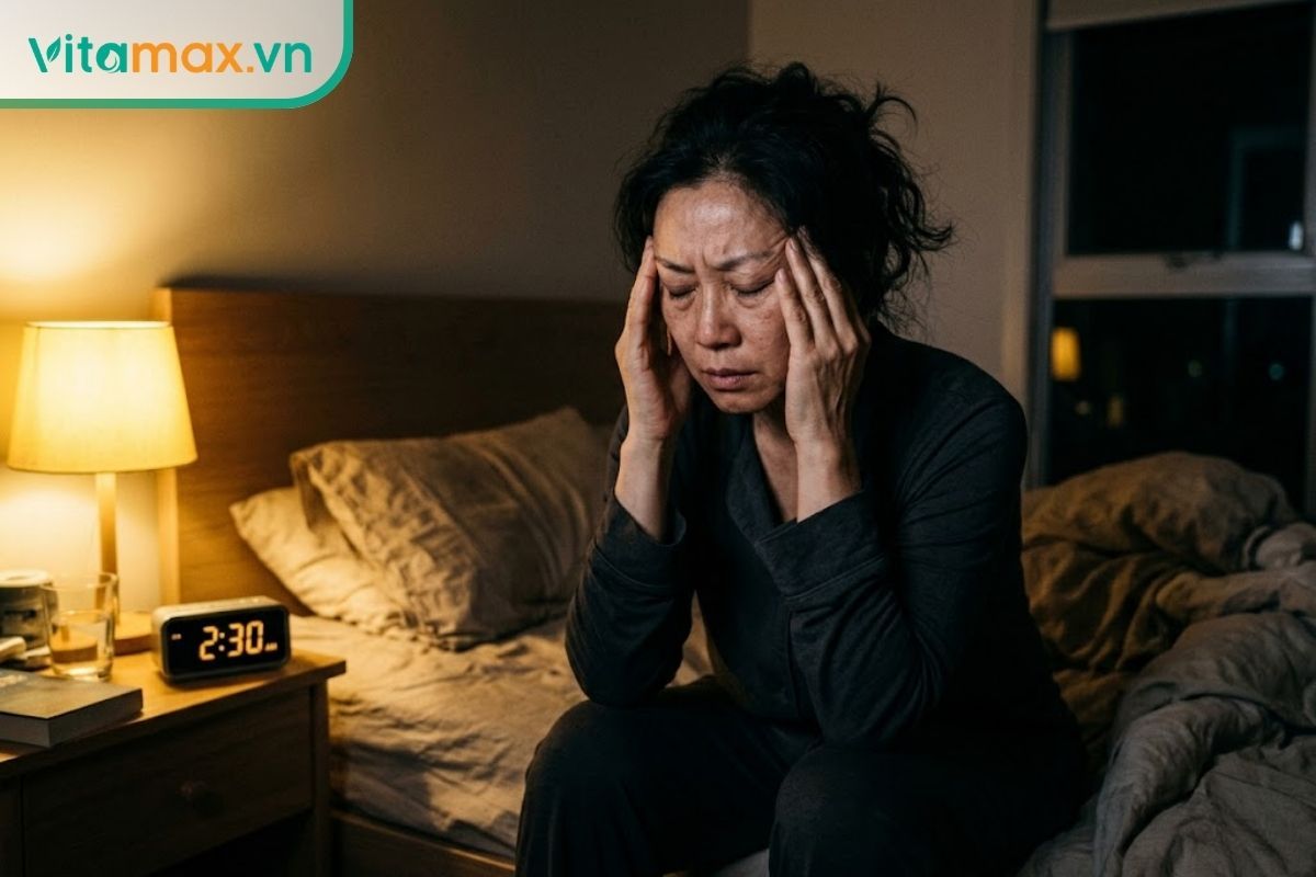 Phụ nữ trung niên mệt mỏi, trằn trọc khó ngủ giữa đêm. Đây là tác dụng phụ thường gặp nếu dùng sâm Ngọc Linh sai thời điểm hoặc sai đối tượng.