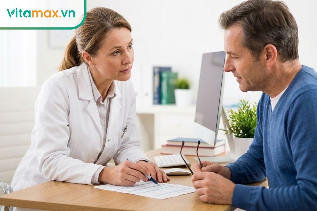 Bác sĩ hoặc chuyên gia y tế đang ân cần tư vấn sức khỏe cho bệnh nhân trước khi sử dụng các loại rượu thuốc bổ trợ.