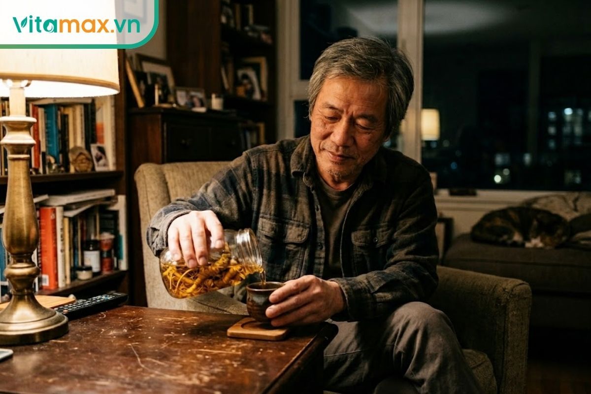 Người đàn ông trung niên đang rót một ly nhỏ rượu sâm Ngọc Linh tại phòng khách vào buổi tối để thư giãn tinh thần và giảm căng thẳng.