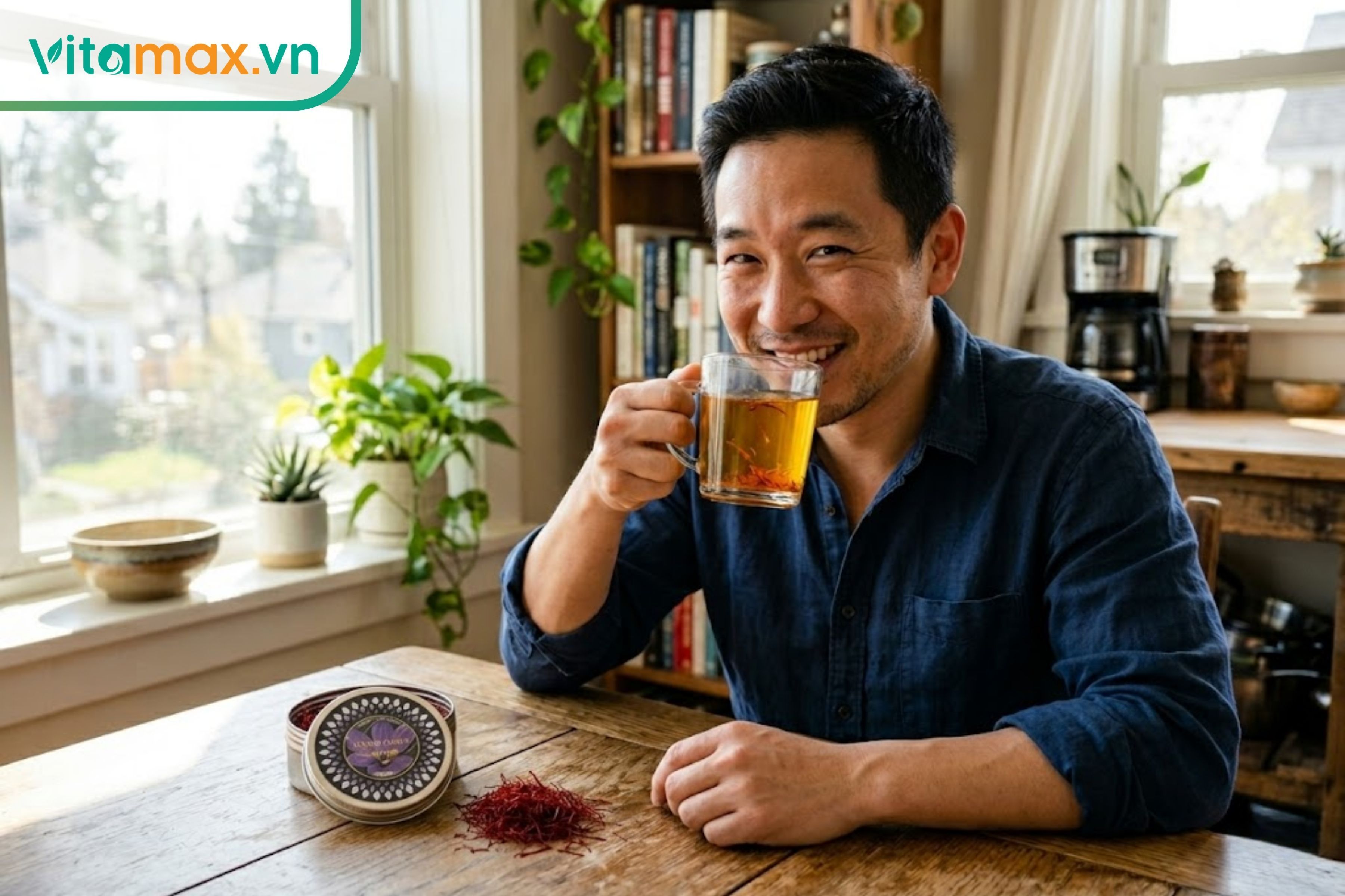 Người đàn ông khỏe mạnh đang uống trà saffron vào buổi sáng để tăng cường sức khỏe nam giới.
