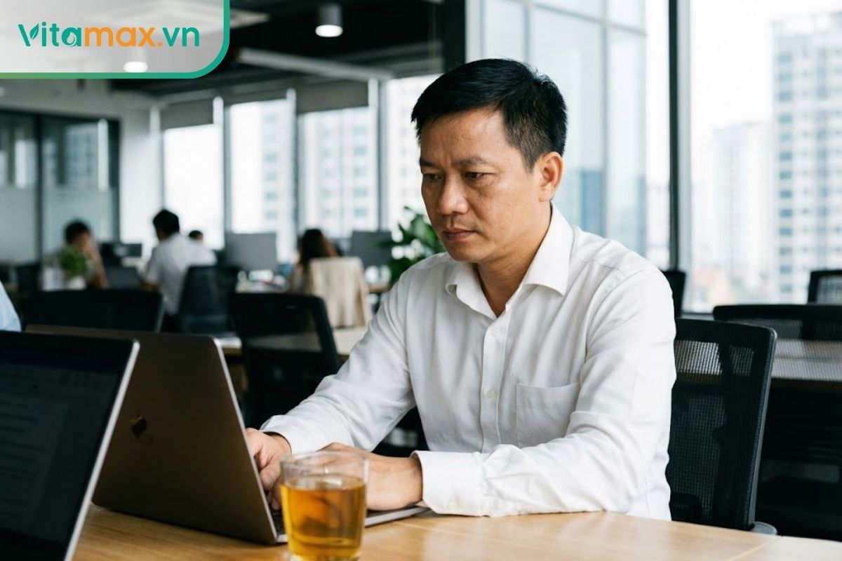nam doanh nhân việt nam đang làm việc tập trung tại văn phòng nhờ uống trà sâm