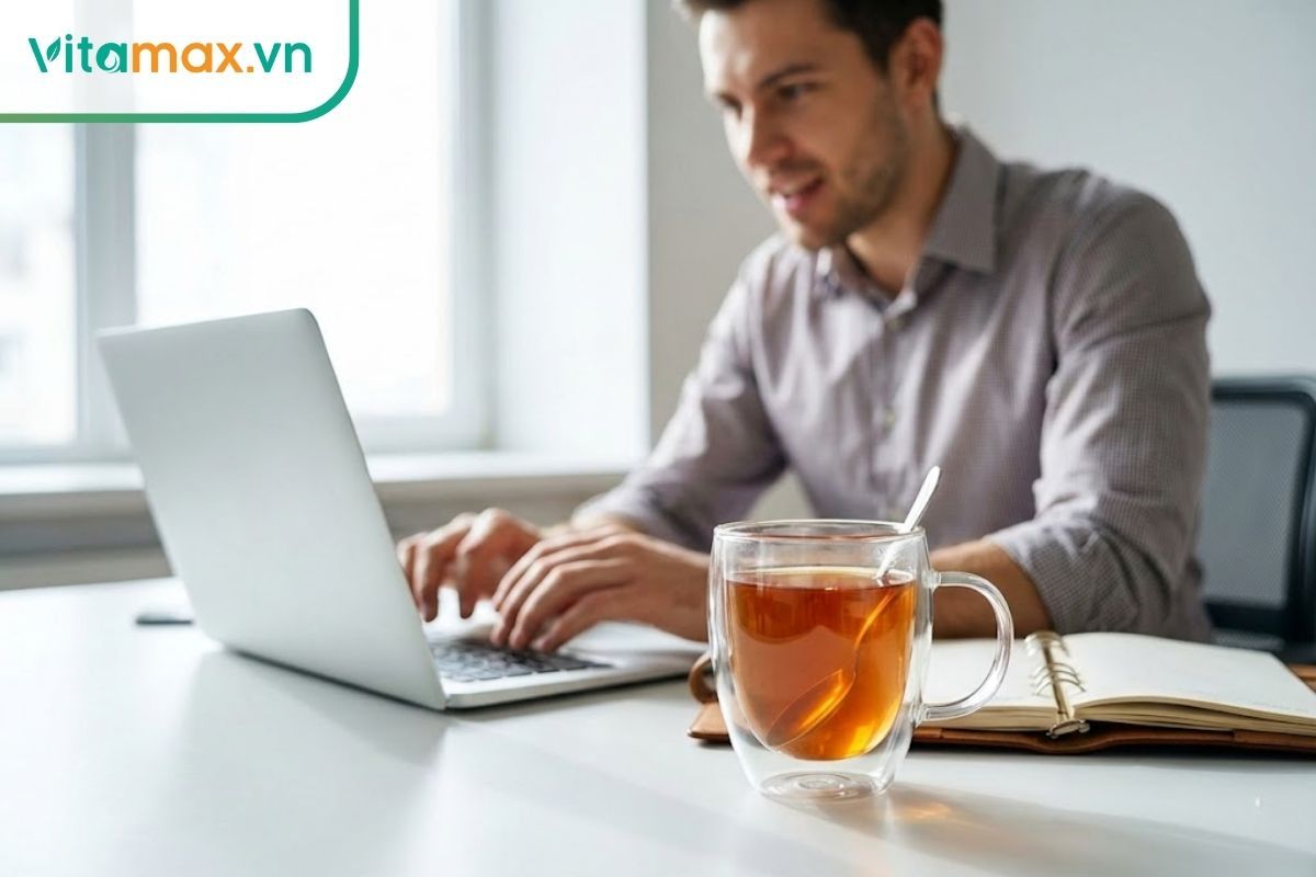 Nhân viên văn phòng uống trà sâm mật ong để tỉnh táo và tập trung làm việc.