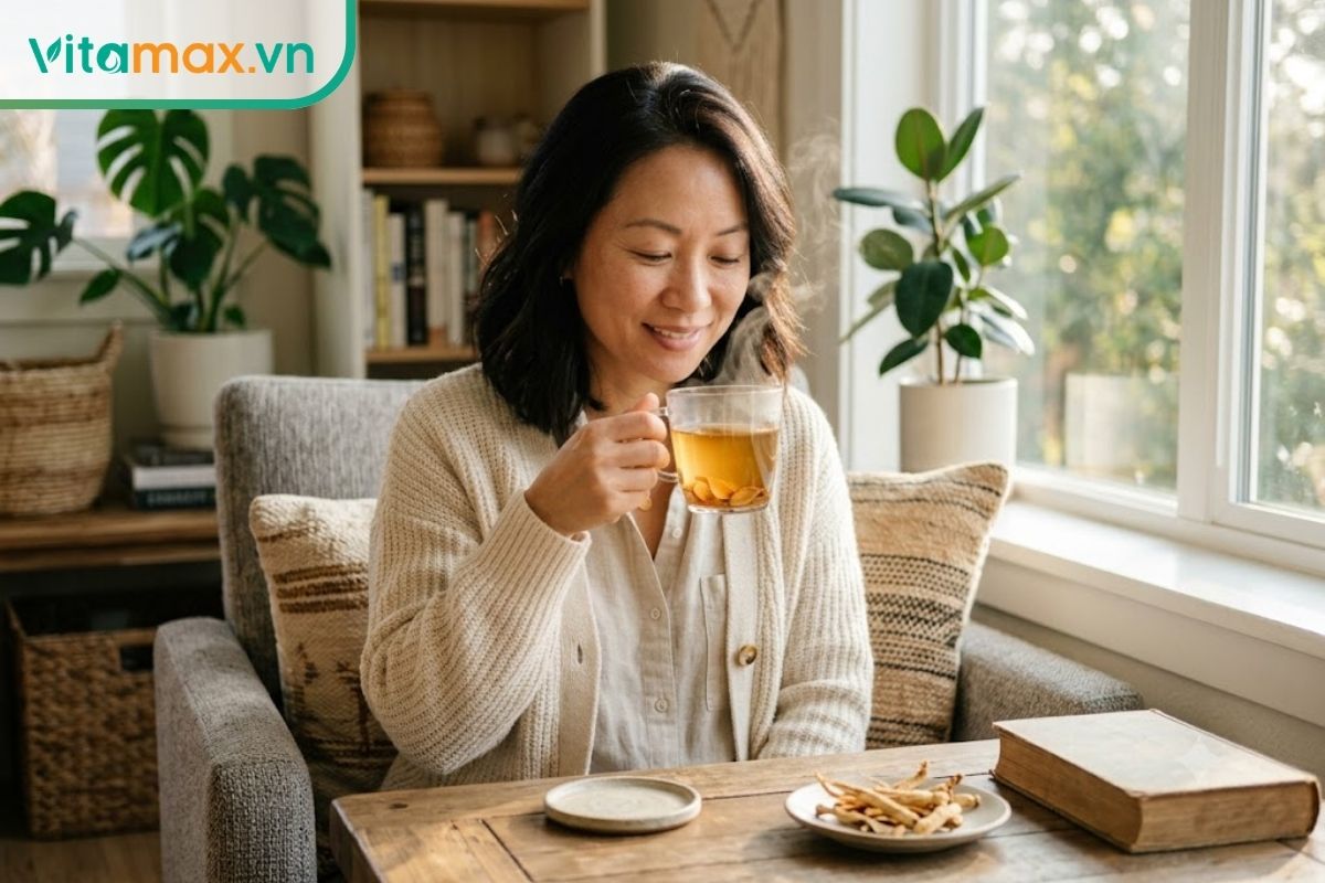 Người phụ nữ châu Á có làn da khỏe khoắn, tươi tắn đang ngồi thưởng thức tách trà sâm ấm áp trong không gian phòng khách ngập ánh sáng tự nhiên