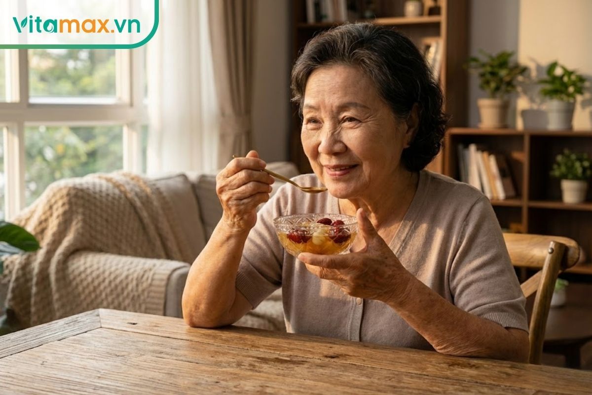 Một người phụ nữ lớn tuổi với vẻ mặt hồng hào, hạnh phúc đang thưởng thức chén yến chưng ấm nóng trong không gian yên tĩnh.