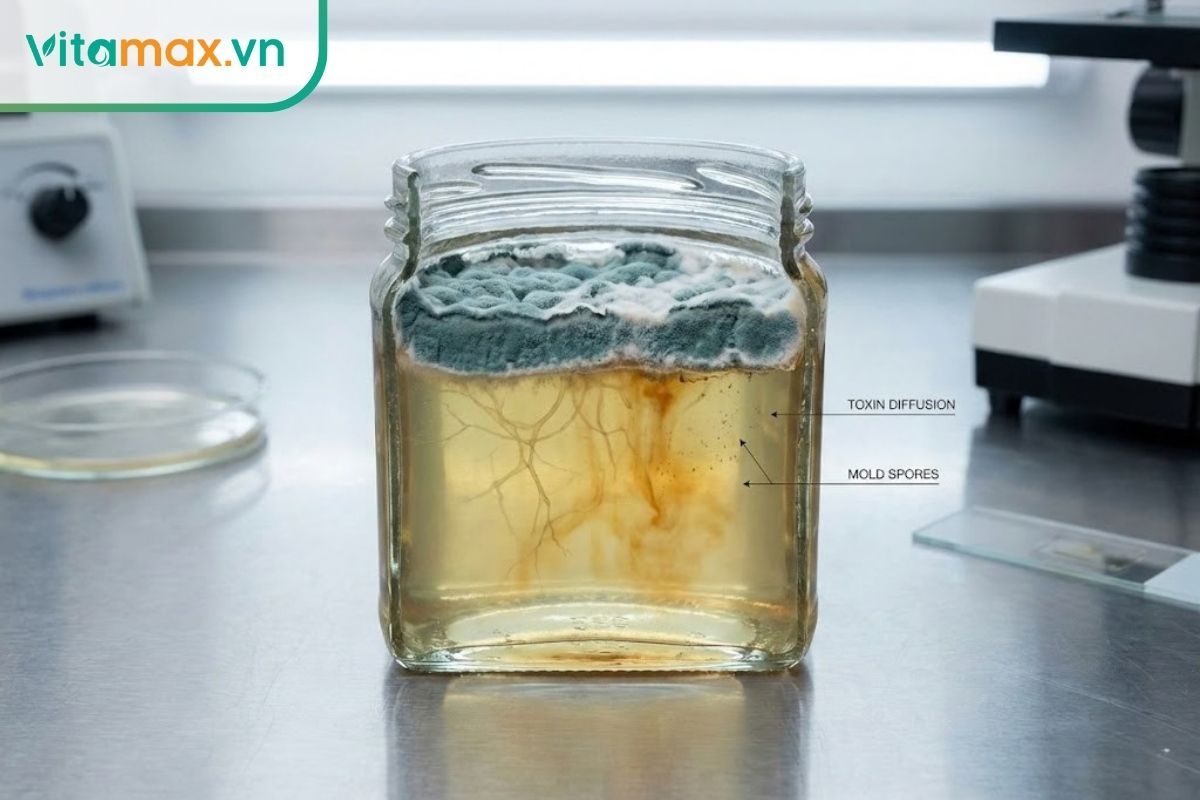 Minh họa độc tố nấm mốc (mycotoxin) lan tỏa sâu trong hũ mật ong dù chỉ nhìn thấy mốc trên bề mặt.