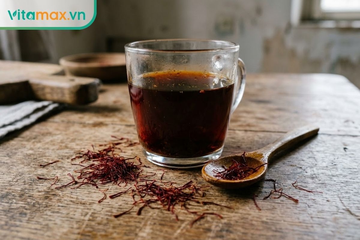 Tách trà nhụy hoa nghệ tây pha quá đặc trên bàn gỗ, minh họa cho việc lạm dụng có thể gây ra tác hại của nhụy hoa nghệ tây.