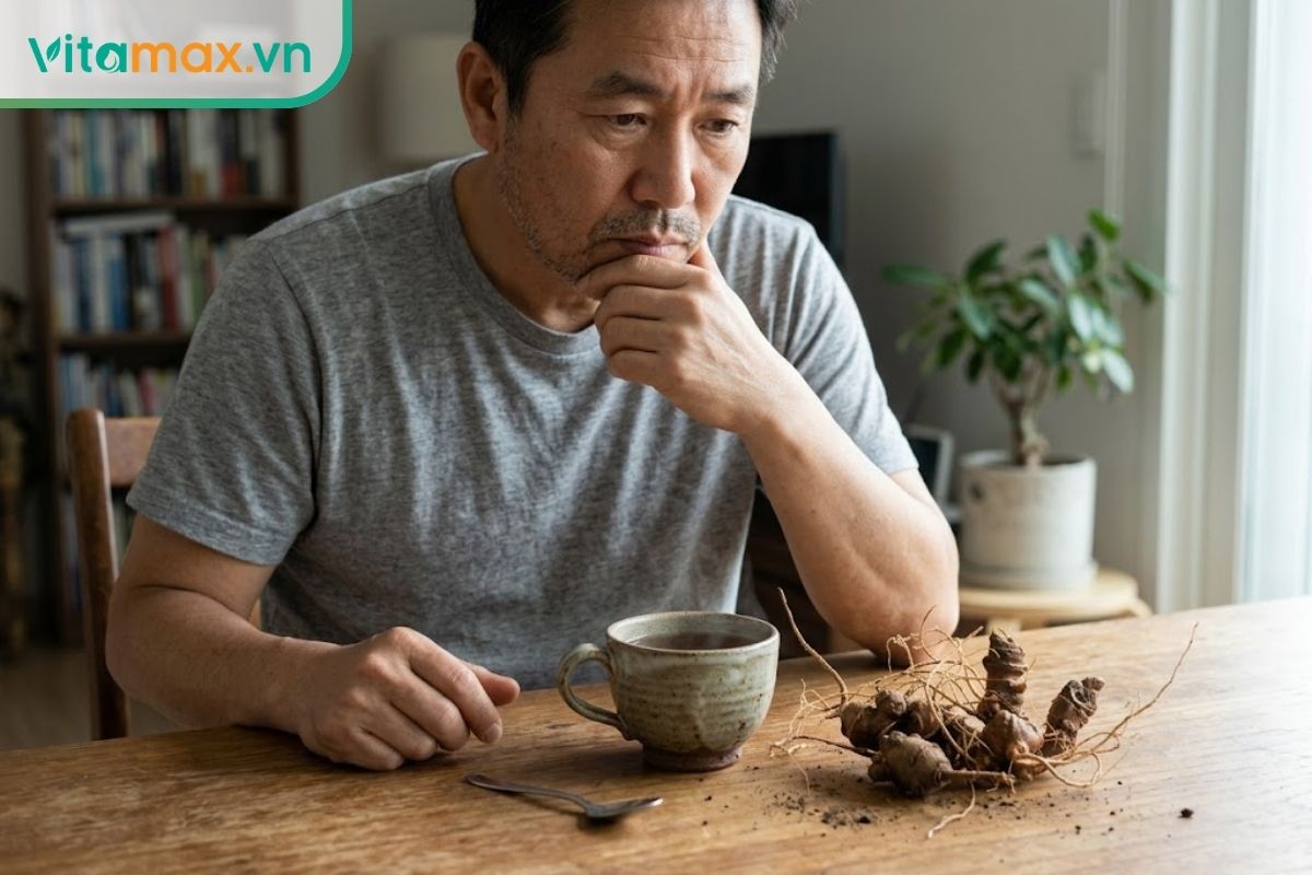 Một người đàn ông trung niên gốc Á đang ngồi trầm tư nhìn vào tách trà sâm trên bàn, bên cạnh là một củ sâm tươi, bối cảnh phòng khách ánh sáng tự nhiên.