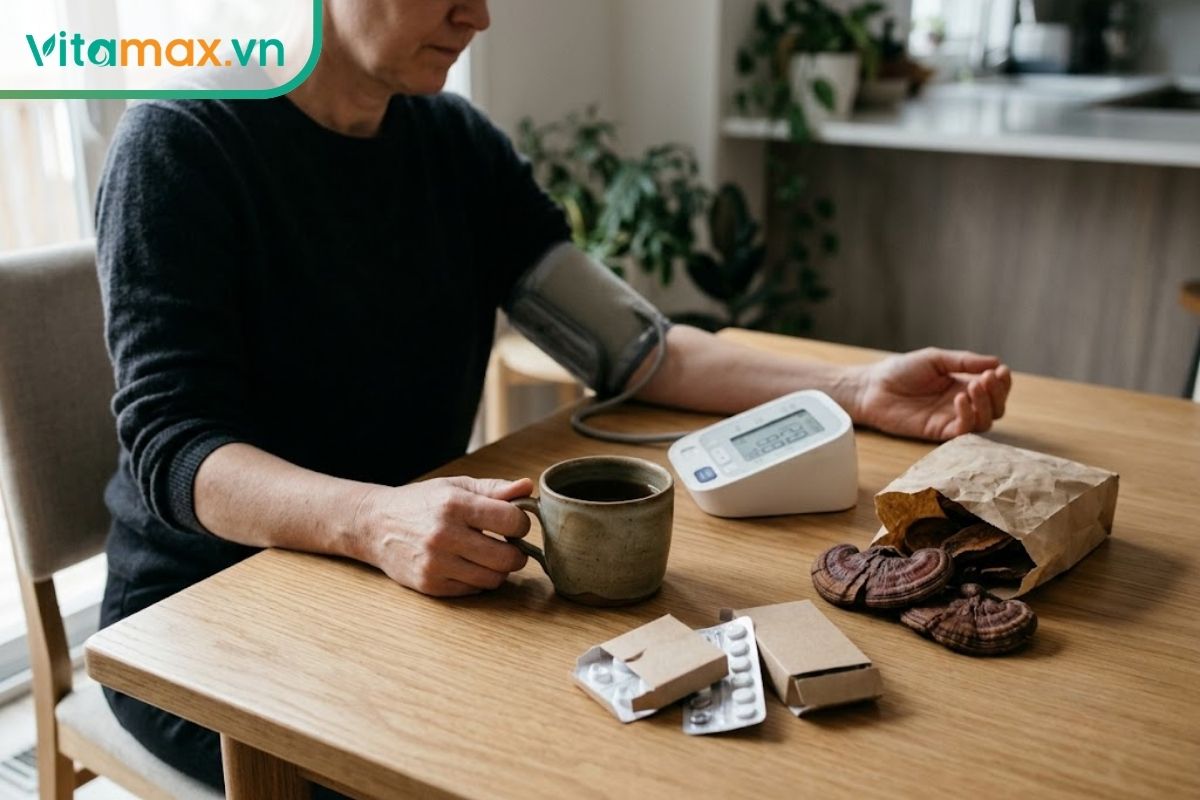 Người dùng đặt nước linh chi sang bên cạnh thuốc và thiết bị theo dõi sức khỏe để kiểm tra phản ứng bất thường.