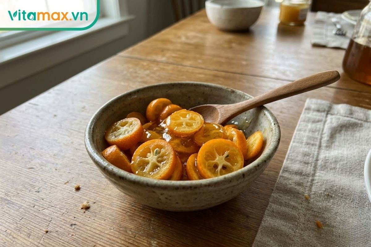 Bát sứ nhỏ đựng những lát quả tắc (quất) tươi màu cam đang được trộn đều với mật ong sánh vàng để chuẩn bị đem đi hấp cách thủy.