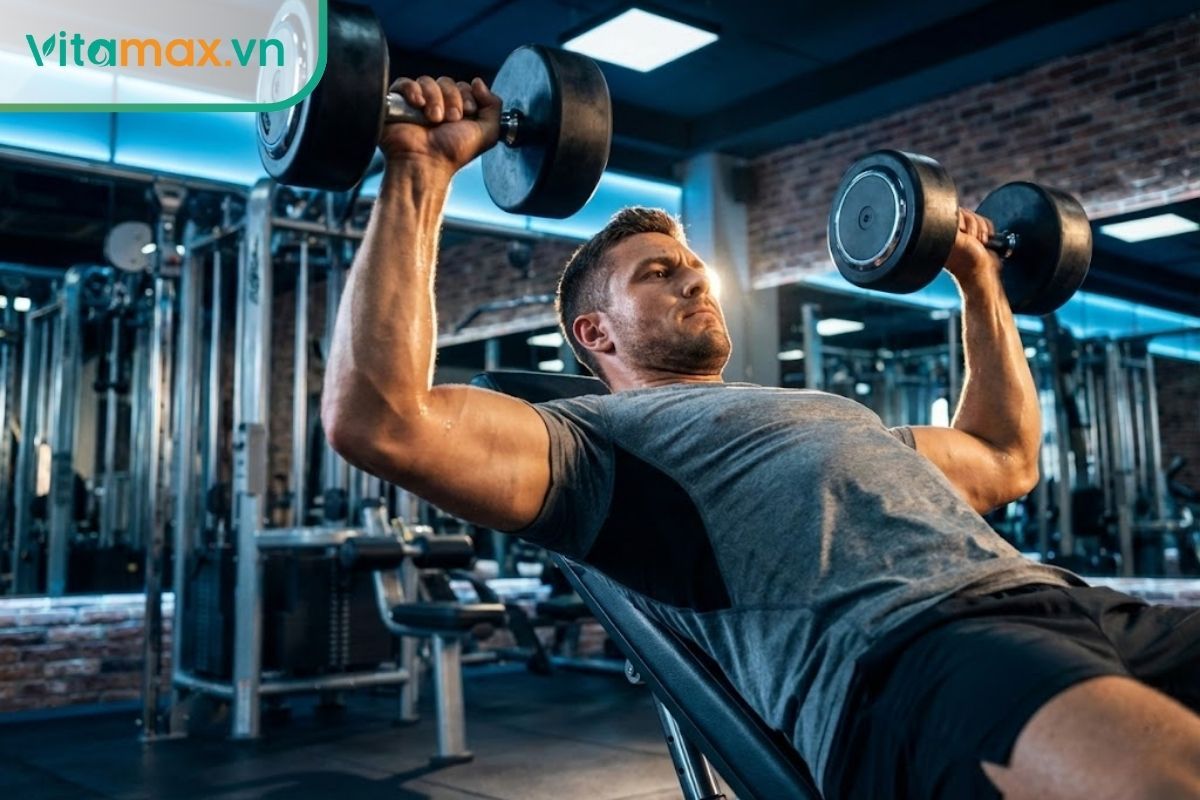 Một người đàn ông cơ bắp đang tập luyện thể thao với cường độ cao, thể hiện sức bền và năng lượng dồi dào nhờ đông trùng hạ thảo.