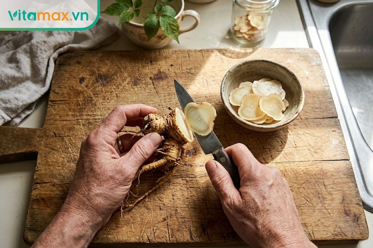 Đôi tay đang dùng dao thái củ sâm tươi thành từng lát thật mỏng trên thớt gỗ để bắt đầu sử dụng với liều lượng thấp nhất.