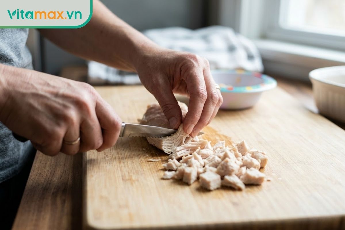 Cận cảnh đôi bàn tay của người mẹ đang dùng dao nhỏ thái thịt gà luộc thành những sợi rất mềm và nhỏ trên thớt gỗ sạch để chuẩn bị bữa ăn an toàn cho trẻ.