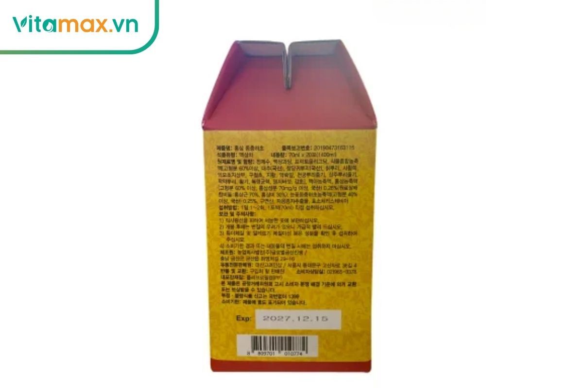 Mặt sau hộp đông trùng hạ thảo hiển thị chi tiết bảng thành phần, hạn sử dụng và hướng dẫn bảo quản bằng tiếng Hàn và Việt.