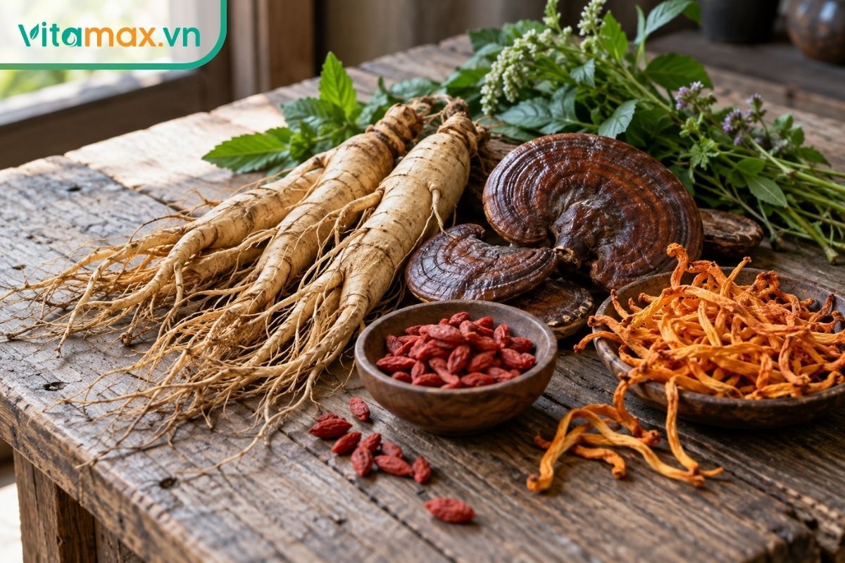 Bộ thảo dược bổ não gồm hồng sâm, linh chi, đông trùng hạ thảo và thảo mộc khô sắp xếp trên bàn gỗ tự nhiên.