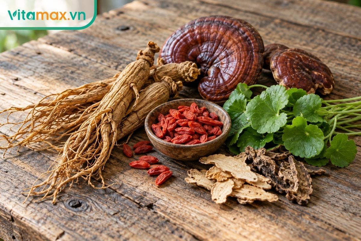 Hồng sâm, linh chi, kỷ tử, rau má và nhiều dược liệu tự nhiên được bày trên bàn gỗ trong chủ đề cải thiện trí nhớ.