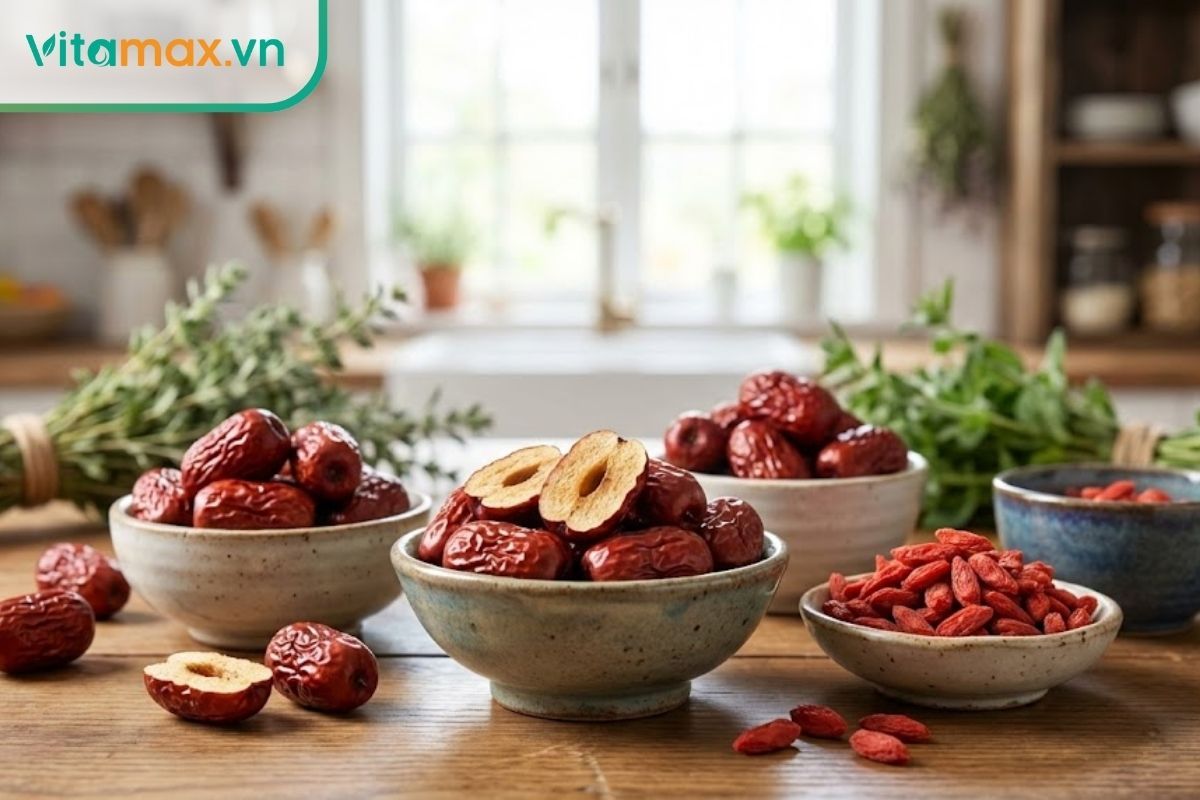 Táo đỏ khô và kỷ tử đỏ tươi được bày trí nghệ thuật trên đĩa g