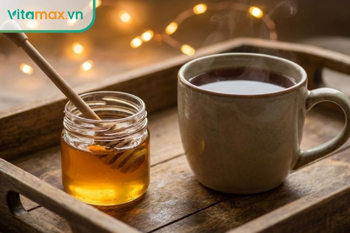 : Cốc trà thảo mộc ấm nóng và hũ mật ong trên bàn gỗ.