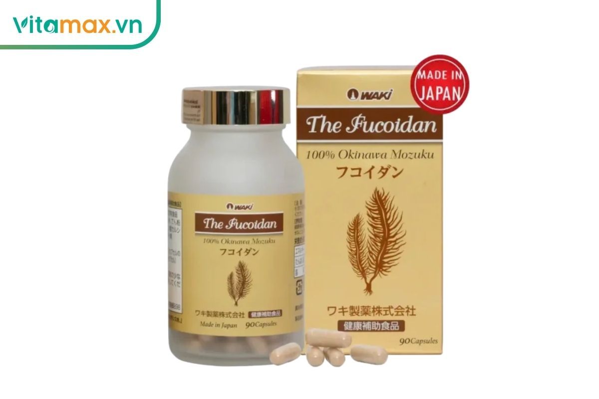 Lọ và hộp The Fucoidan 90 viên chứa chiết xuất tảo nâu Okinawa Mozuku, đặt trên nền trắng để nhận diện sản phẩm