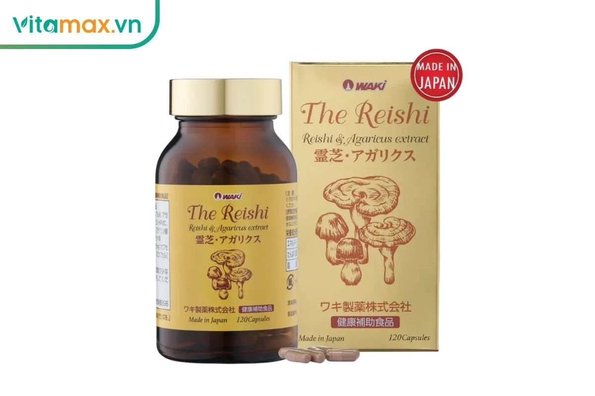Lọ và hộp The Reishi của Waki cùng viên nang, sản phẩm kết hợp linh chi và nấm Agaricus cho người trưởng thành